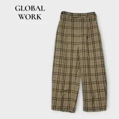 グローバルワーク テーパードパンツ ワイド チェック ブラウン S カジュアル