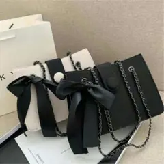 新品　ショルダーバッグ　ハンドバッグ　ブラック　リボン付き1