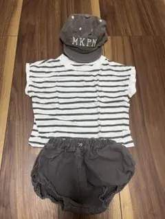 【バースデイ・西松屋】キャップ ボーダーTシャツ ブルマパンツ 3点セットのサムネイル
