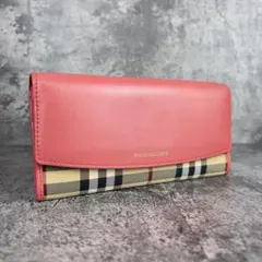 BURBERRY ノバチェック 長財布 レザー キャンバス フラップ ピンク