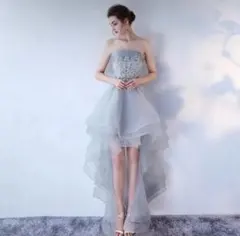 ストラップレス ブルーグレー ハイロー カラードレス