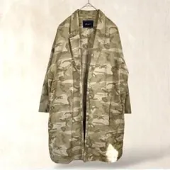 麻×綿　チェスターコート　F　ベージュ系　迷彩柄　ロング丈　ドロップショルダー