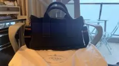 PRADA 黒と紫のストライプハンドバッグ