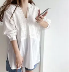 【新品】　タグ付き　クラシカルエルフ コットン　レトロ風　刺繍　白　シャツ