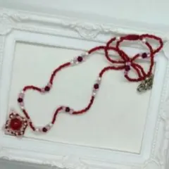 ●ビーズネックレス レッド パール ハンドメイド アクセサリー