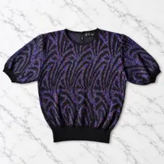 総柄 半袖ニット 黒 紫 青 クルーネック 레트로 風 M