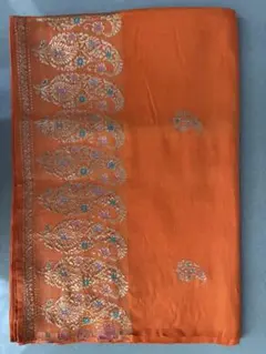 リメイク素材　インドサリー生地　ショール　インド製　オレンジ×金糸