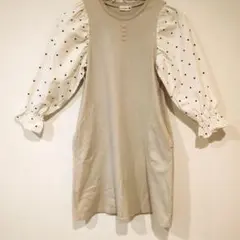 branshes ベージュ ドット柄 長袖ワンピース 4つボタン