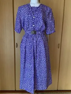 昭和レトロ 総柄ワンピース ベルト付き パープル ヴィンテージ 個性的 古着風