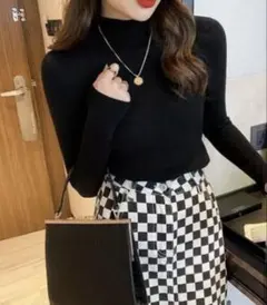 リブニット トップス 韓国 細見え 着痩せ インナー 冬 ブラック