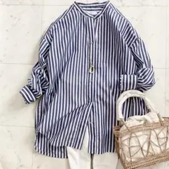 極美品　REPREVE バンドカラーシャツ　ストライプ　オーバーサイズ　ゆったり