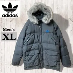 adidas ファー付き ダウンパーカー メンズXL ダークグレー 刺繍ロゴ