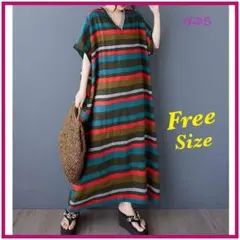 【新品】体型カバー　マルチボーダー　ワンピース　フリーサイズ 　Vネック　c