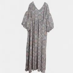 美品 バルーンスリーブワンピース　【FREE】ゆったり　ボヘミアン　春　夏