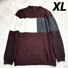 メンズ　ニットセーター【XL】レッド　3色編み　クルーネック　あったかい　韓国系