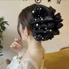 パール　リボン　ブラック黒　ヘアクリップ　バンスクリップ　結婚式　髪留め　大きめ