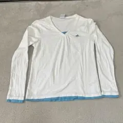 adidas 長袖Vネックシャツ M L ホワイト/ブルー