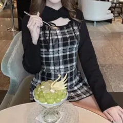 チェック柄フロントオープンリボンニットミニワンピース ru1373 ブラック S