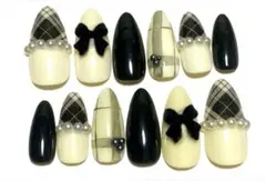 【接着テープ付き】チェック柄リボンネイルチップ