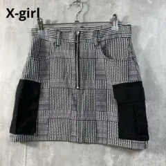 エックスガール 千鳥柄 切替 カーゴ ミニスカート ブラック×ホワイト Sのサムネイル
