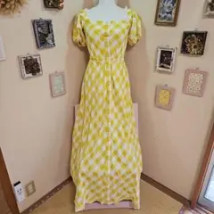 shein イエローとホワイトのチェック柄ロングワンピース
