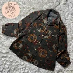 ヴィンテージ 長袖ブラウス レトロ 総柄 幾何学模様 オープンカラー 13号