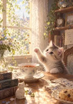 【一点物】重力を忘れた午後｜子猫と紅茶の幻想アート