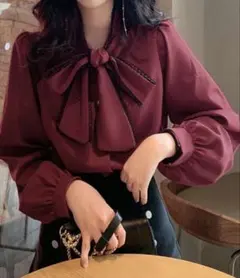 SHEIN リボン付きバーガンディ長袖シャツ