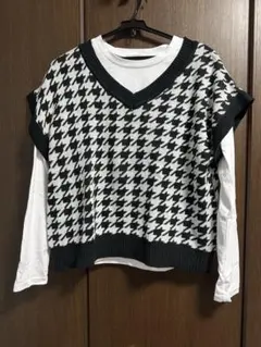 千鳥柄 Vネックニットベスト Mサイズ