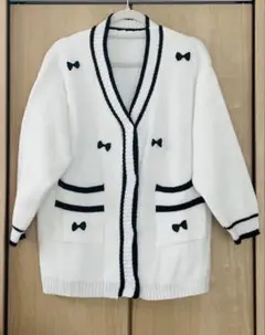 【美品】リボン付きニットカーディガン 韓国風・ガーリー