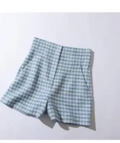 ZARA ハイウエスト ツイード 千鳥柄 ショートパンツ ブルー 水色