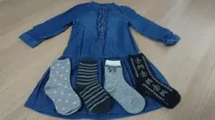 【美品】GAP デニムブルー 七分袖ワンピース 新品靴下 セット
