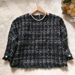 ZARA　ノーカラー　ツイード　トップス　黒