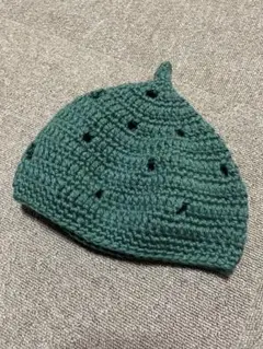 手編み　ニット帽　グリーン