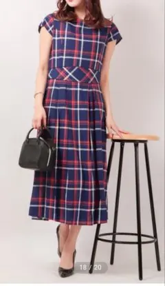 アンナニコラ　リネンチェック柄ワンピース　紺　Aライン