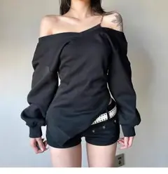 ワンショルダーアシンメトリートップス 春夏デートに最適❤️ブラックY2Kスタイル