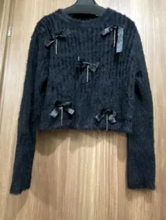 spiga黒 ファー素材 リボン付き クロップドセーター 長袖