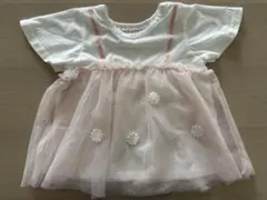 95センチ　フラワー刺繍付きチュニック（ホワイト/ピンク）