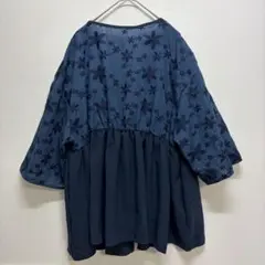 ピノーレ】✨ M チュニックシャツ 長袖 総柄 ネイビー 通勤 キュプラ 