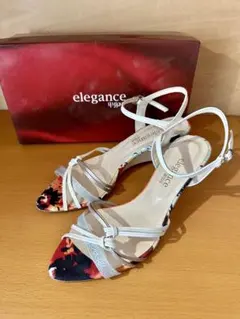 美品 エレガンス卑弥呼 ストラップ サンダル 24 白 花柄 ウェッジ