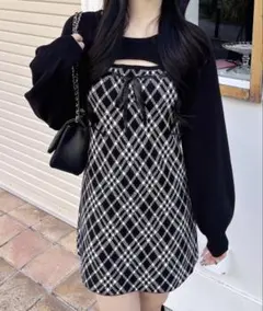 INGNIデコルテオープンチェック柄切り替えニットワンピース/ブラック M