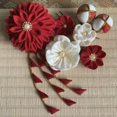 ハンドメイド　つまみ細工　髪飾り　セット　成人式　振袖　卒業式　袴　結婚式　赤