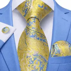 【3点セット】ネクタイペイズリーストライプ結婚式入学式卒業式黄色イエロー水色