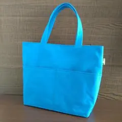 ブルーカラー帆布＆裏地ハワイアン柄　ポケッいっぱい　トートバッグ　ハンドメイド