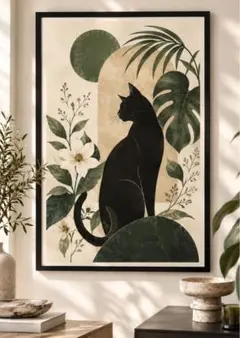 静寂のボタニカルキャット｜黒猫と植物のモダンアートポスター