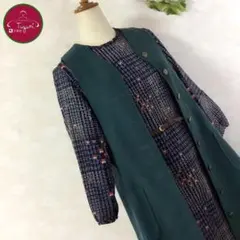 昭和レトロ ワンピース ひざ丈 花柄 チェック 古着 紺 白 オレンジ