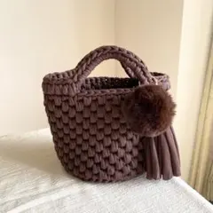 tシャツヤーン ポコポコ編み　ハンドバッグ　チョコブラウン　かごバッグ風