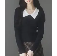 セゾンドパピヨン トレンドの襟付きリブニット ブラック×ホワイト M