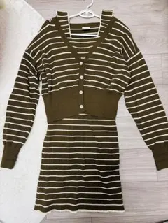 pinue ボーダー3ピースニットセットアップ(カーキ)