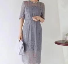 【美品】BLUEEAST パネル柄レース袖付きIラインドレス 結婚式 Sサイズ